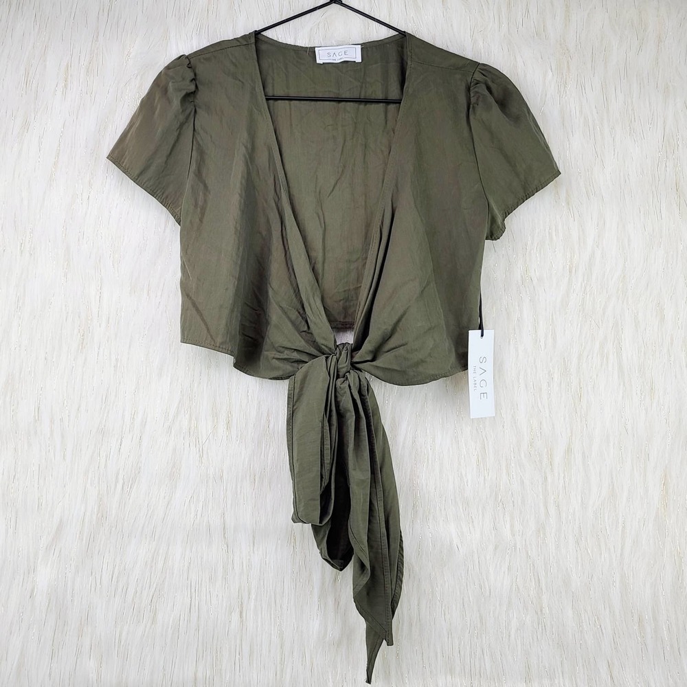 Sage The Label Olive Green Cropped Tie Front Top
